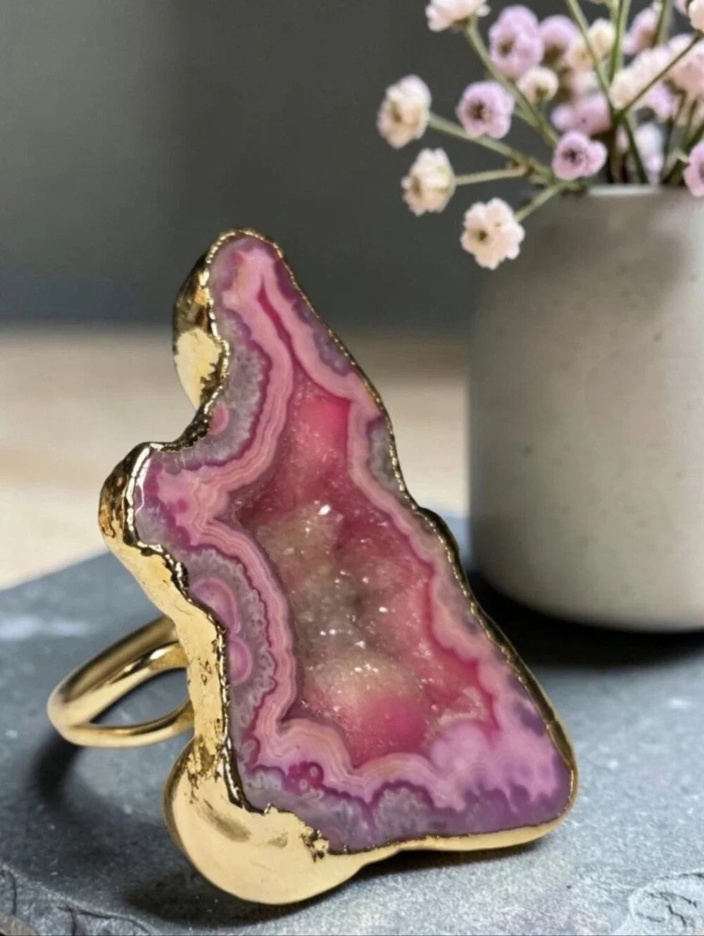 18k Gold Plated Girly Pink Lavender Genuine Sugar Crystal Geode Agate Ring